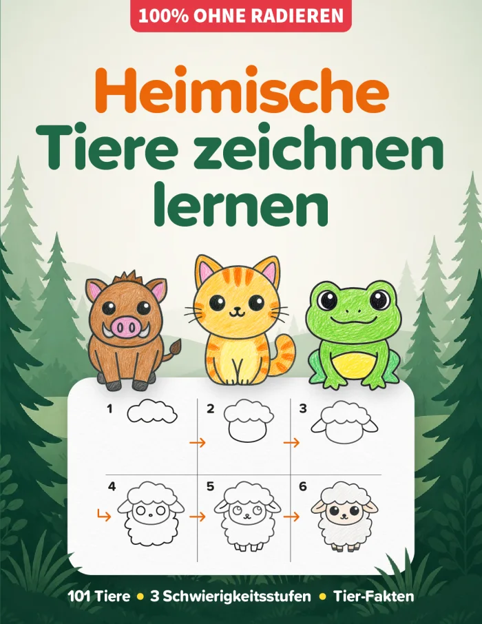Buchcover „Heimische Tiere zeichnen lernen“ mit Wildschwein, Katze und Frosch und einer Schritt-für-Schritt-Anleitung für ein Schaf
